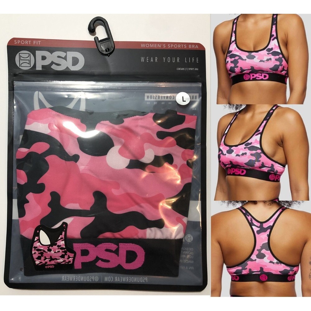 PSD Womens Pink Camo Sport Bra - Large